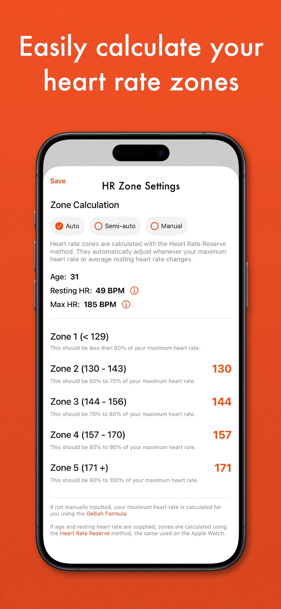 Heart rate zone calculator settings with automatic semi-auto and manual modes